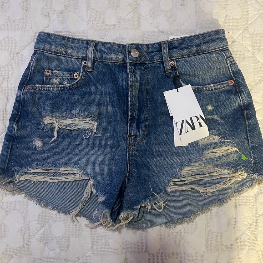 Zara Blue Distressed Jean Shorts with Frayed Hem